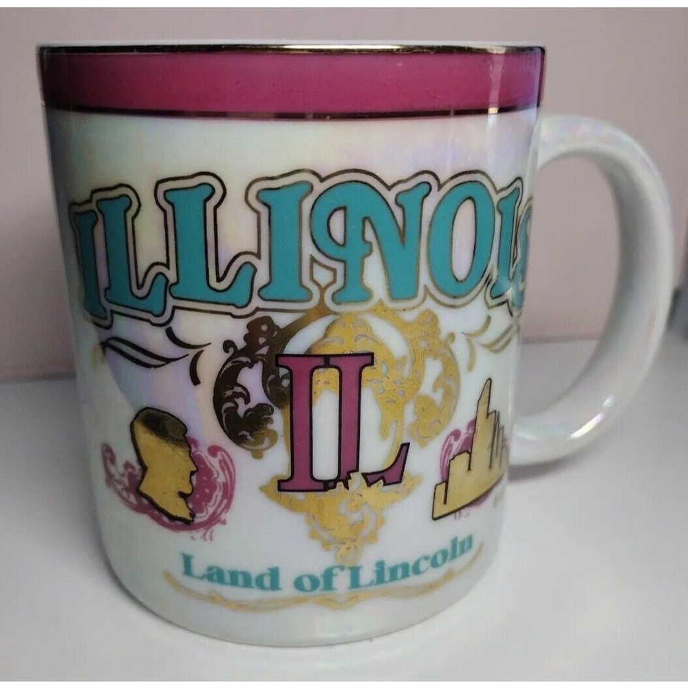 Vintage Lipco Illinois Luster Iridescent Pearlescent Gold Pink Lincoln Mug Cup